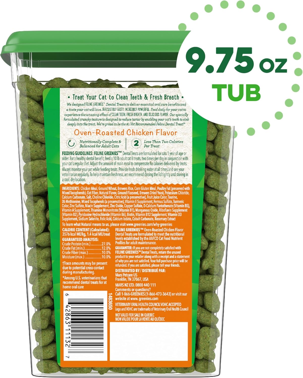 Delicious Greenies Feline Adult Dental Cat Treats - Oven Roasted Chicken Flavor, 9.75 Oz. Tub for Healthy Teeth and Fresh Breath