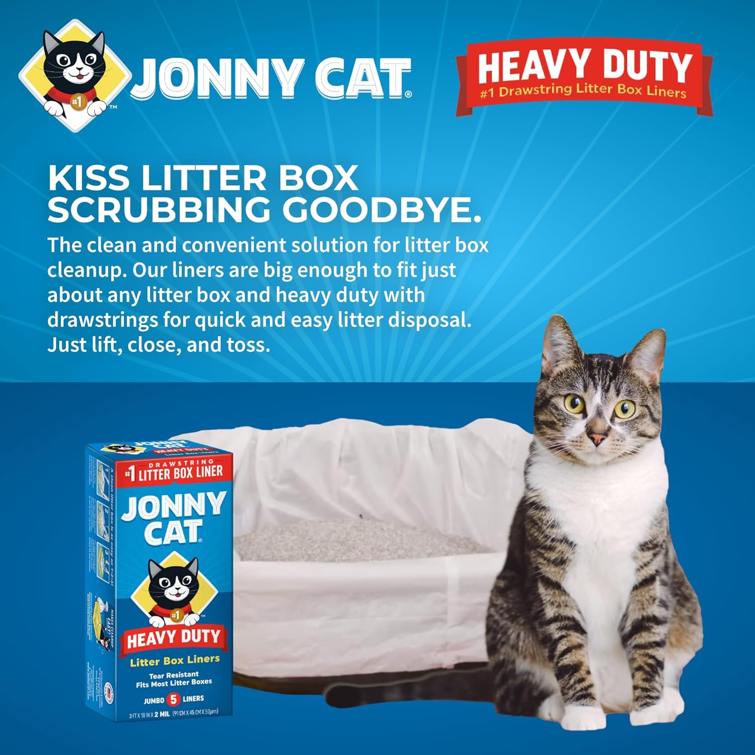 Cat Litter Box Liners: Heavy Duty - Tear & Leak Resistant - Drawstring Close - Jumbo, 5 Count