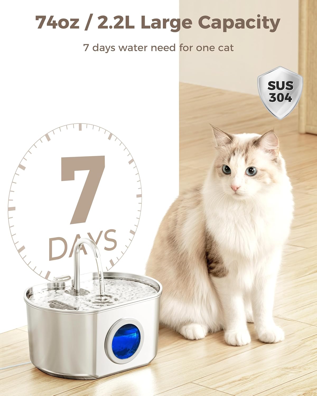 Neareal Stainless Steel Cat Water Fountain - 74Oz/2.2L Automatic Pet Drinking Dispenser with Quadruple Filtration System and Water Level Window