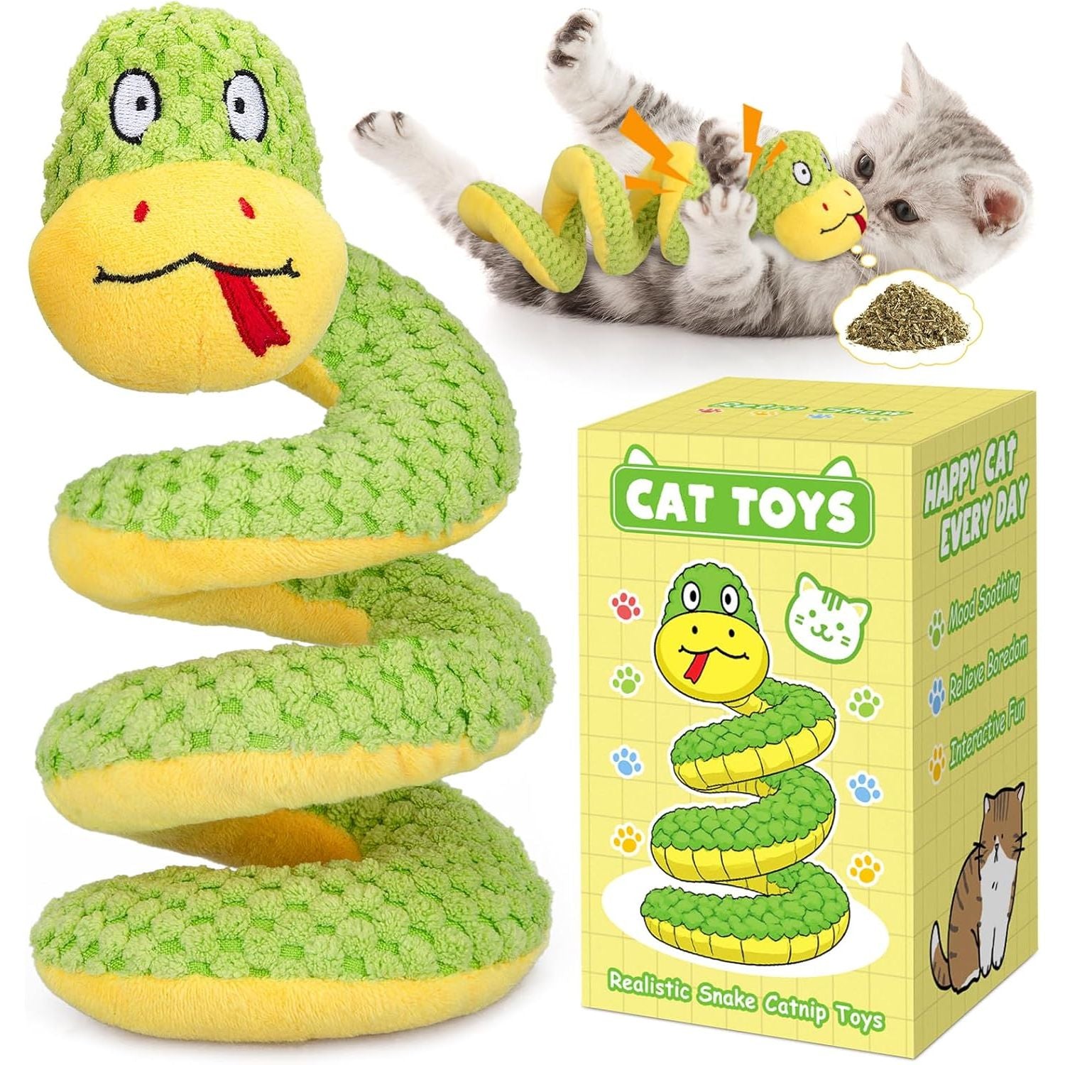 Realistic Snake Interactive Cat Toy – Plush Kicker with Silvervine & Catnip, Crinkle Sound, Spring-Loaded Design for Indoor Cats