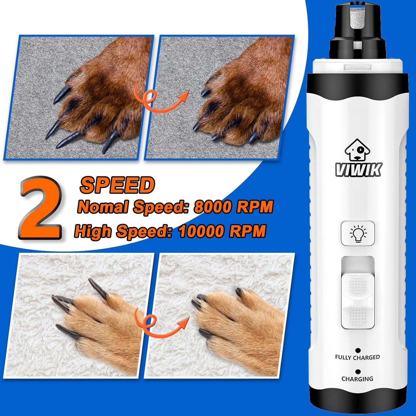  Electric Pet Nail Trimmers with LED Light - Dual-Speed, Quiet Clippers for Dogs and Cats of All Sizes