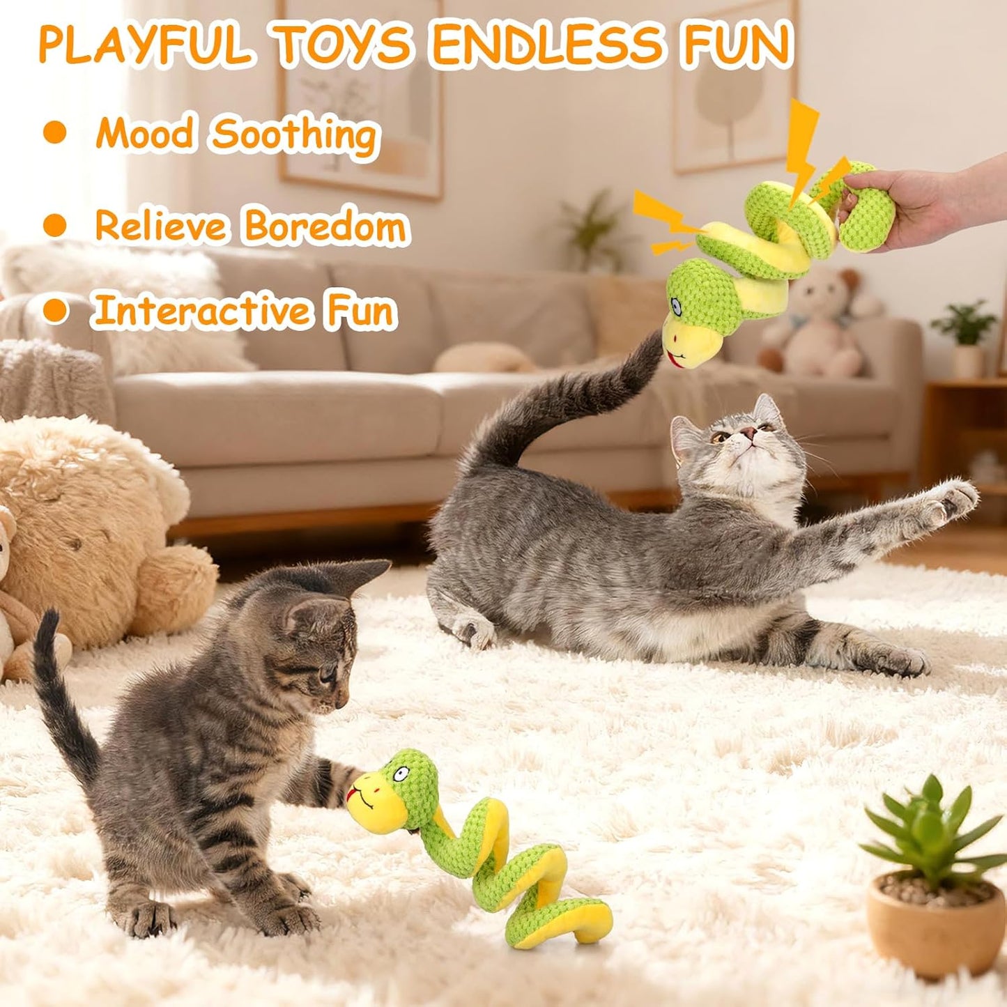 Realistic Snake Interactive Cat Toy – Plush Kicker with Silvervine & Catnip, Crinkle Sound, Spring-Loaded Design for Indoor Cats
