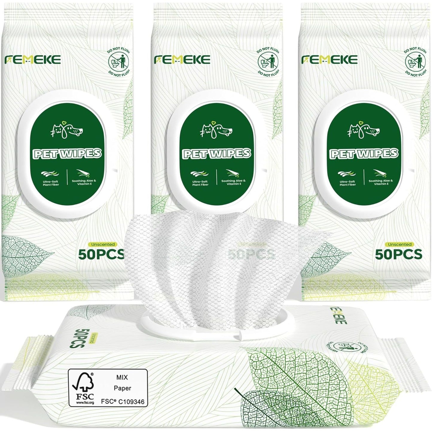 Hypoallergenic Unscented Dog and Cat Wipes (4X50 Packs) | All-Natural Plant Fiber with Aloe and Vitamin E 