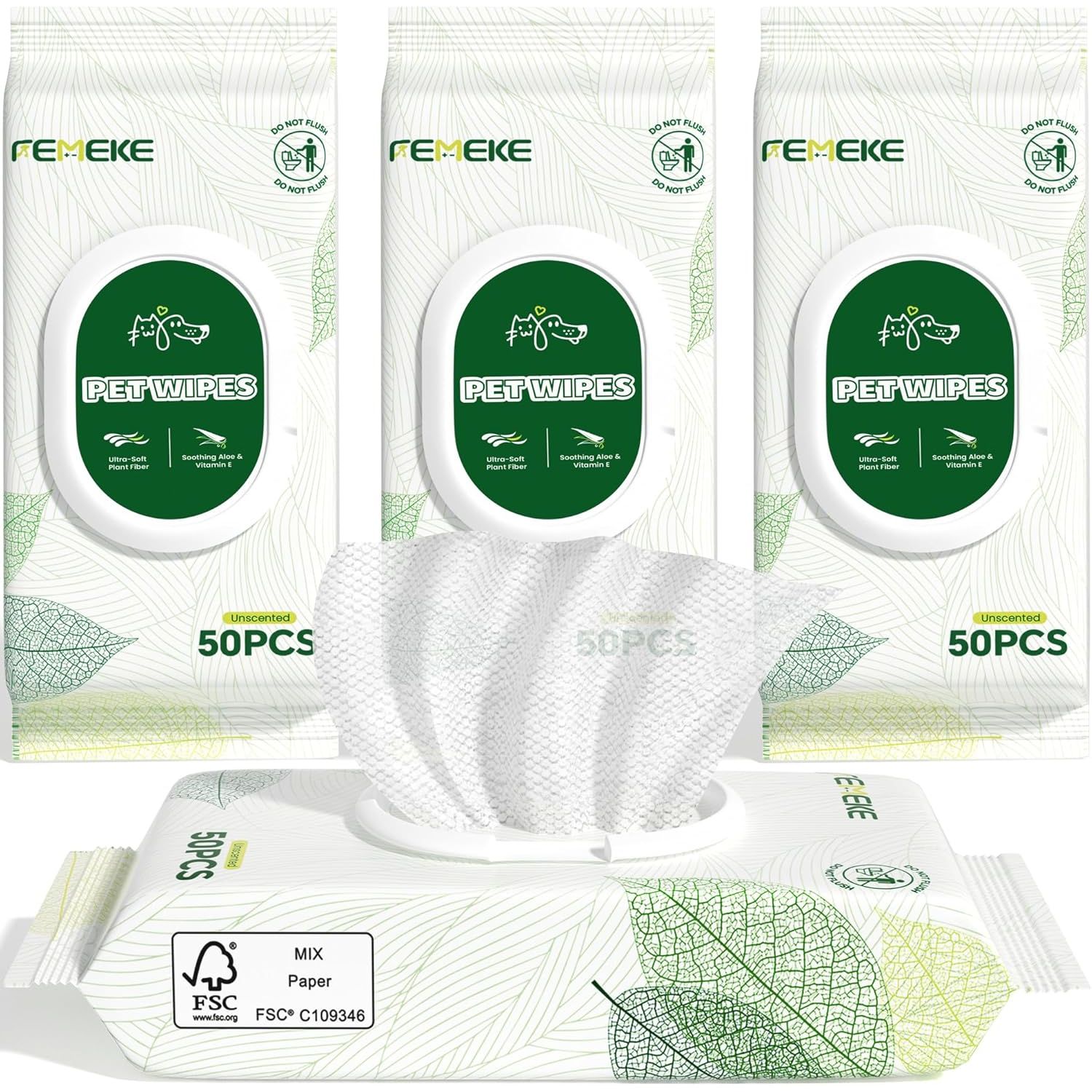Hypoallergenic Unscented Dog and Cat Wipes (4X50 Packs) | All-Natural Plant Fiber with Aloe and Vitamin E 