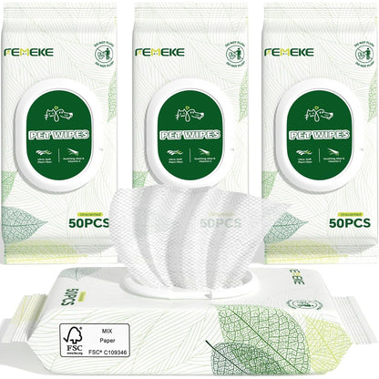 Hypoallergenic Unscented Dog and Cat Wipes (4X50 Packs) | All-Natural Plant Fiber with Aloe and Vitamin E 