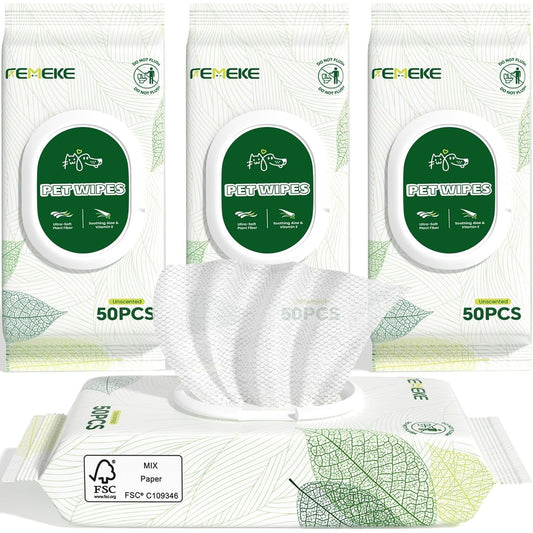 Hypoallergenic Unscented Dog and Cat Wipes (4X50 Packs) | All-Natural Plant Fiber with Aloe and Vitamin E 
