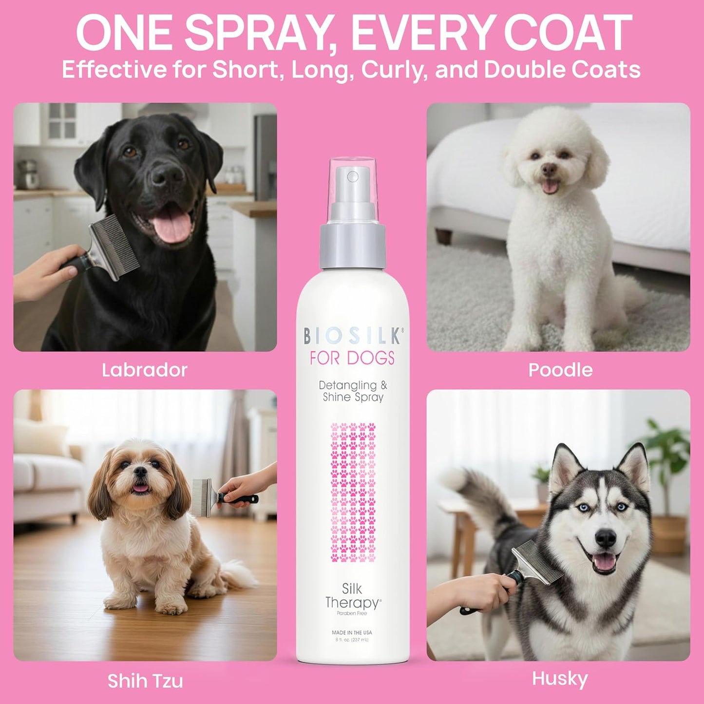 Silk Therapy Detangling and Shine Protecting Spray for Dogs, Suitable for All Coats and Breeds, 8 Fl Oz