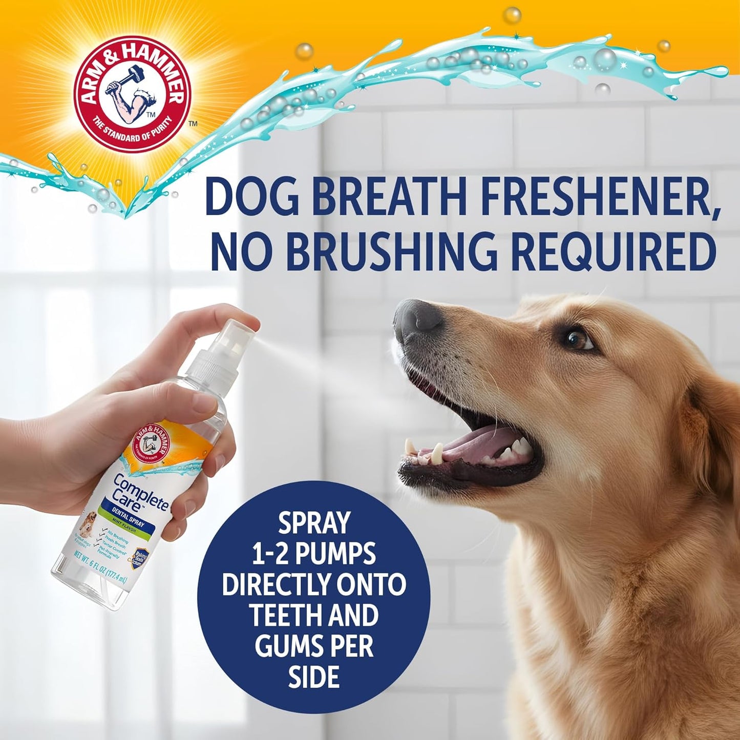 Arm & Hammer Complete Care Dog Dental Spray, Mint Flavor, Easy Brushless Dog Breath Freshener, Baking Soda Enhanced Formula for Fresh Dog Breath, 6Oz