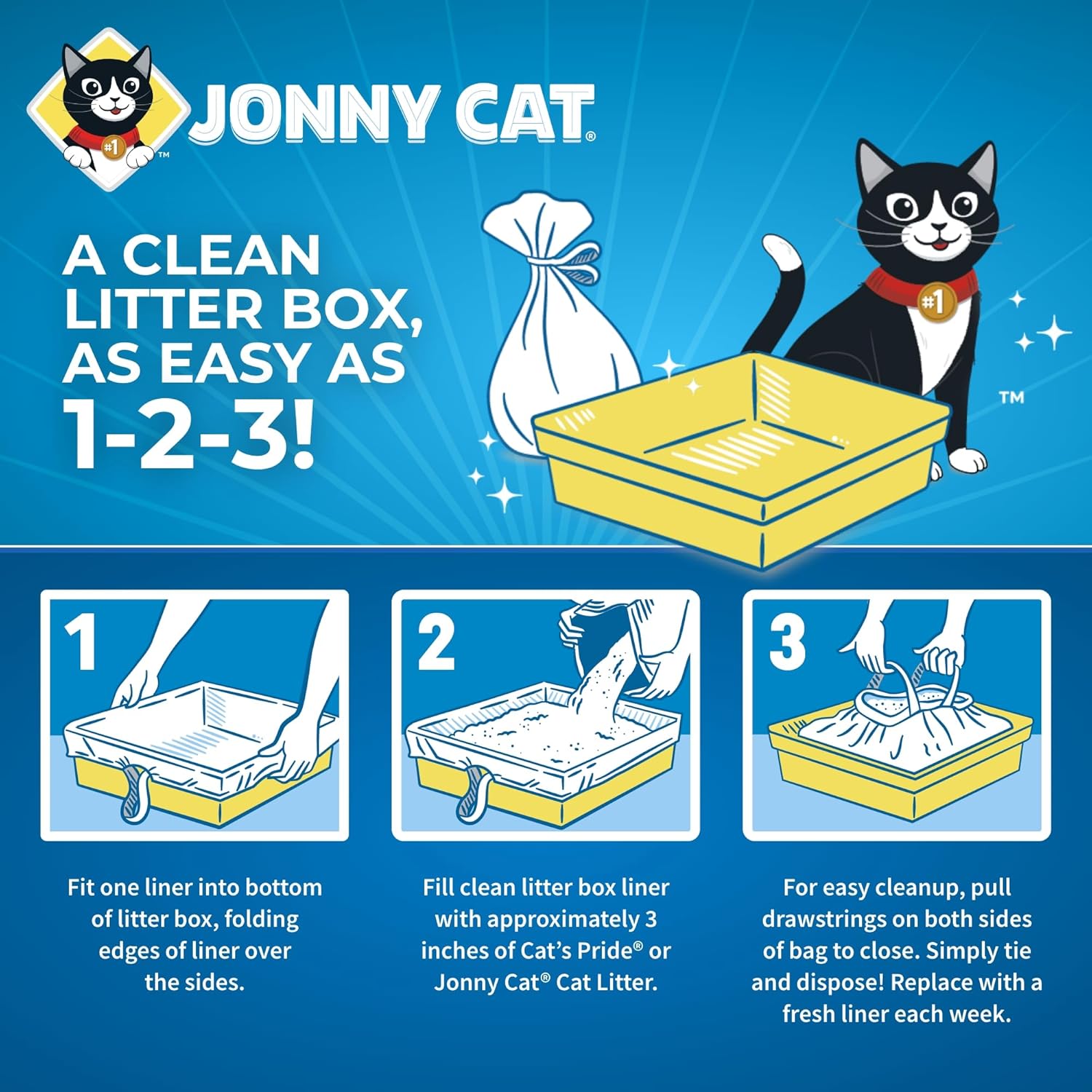 Cat Litter Box Liners: Heavy Duty - Tear & Leak Resistant - Drawstring Close - Jumbo, 5 Count
