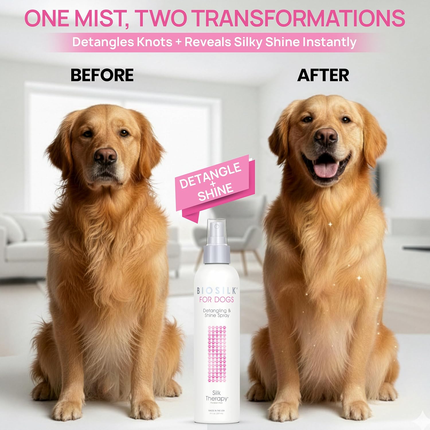 Silk Therapy Detangling and Shine Protecting Spray for Dogs, Suitable for All Coats and Breeds, 8 Fl Oz