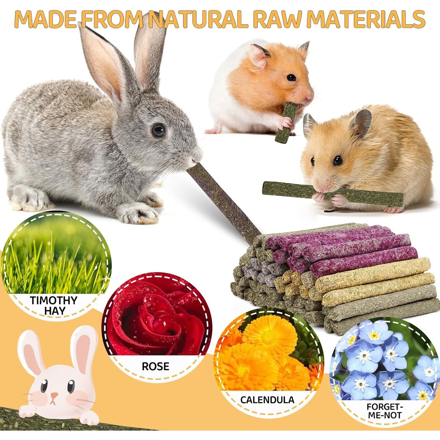 52-Piece Grass Chew Sticks for Small Animals, Enriched with Mixed Flowers, Roses, Calendula, and Forget-Me-Not for Guinea Pigs and Rabbits