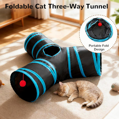  3-Way Collapsible Cat Tunnel with Peek Hole and Toy Ball for Indoor Cats and Small Pets