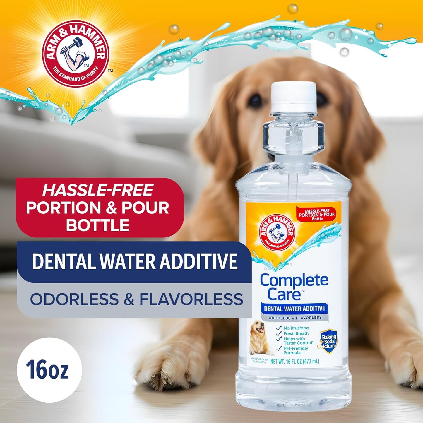 Dental Water Additive for Dogs, 16 Fl Oz, Odorless and Flavorless Breath Freshener with Baking Soda for Tartar Control