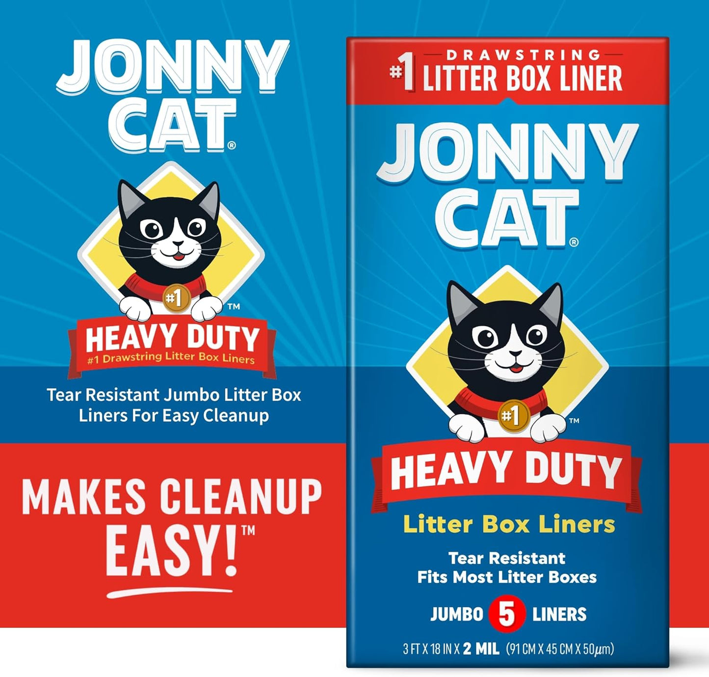 Cat Litter Box Liners: Heavy Duty - Tear & Leak Resistant - Drawstring Close - Jumbo, 5 Count