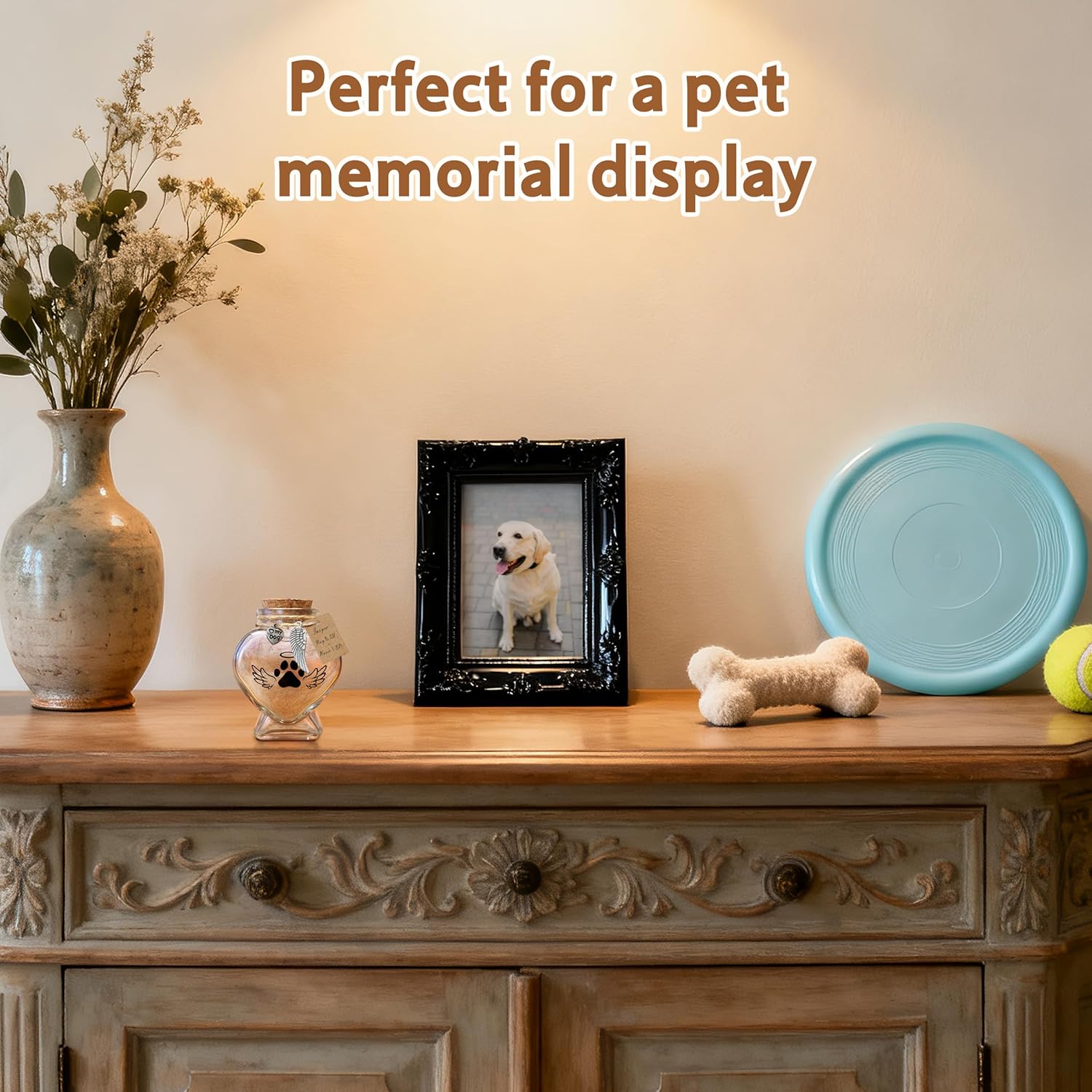 Heart-Shaped Glass Keepsake Urn for Pet Memorials - Ideal for Fur, Hair, Whiskers, or Ashes with Cork Top and Charms for Rainbow Bridge Tribute