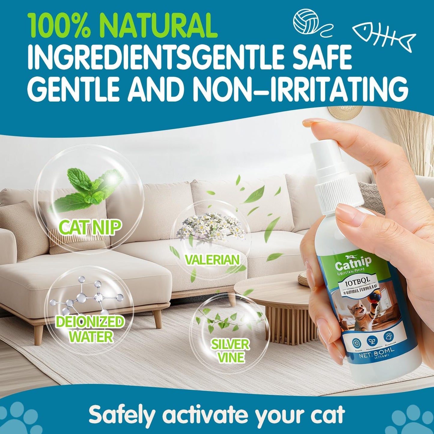 Premium Catnip Spray for Cats – 100% Natural Ingredients, Boosts Energy,Relieves Stress – Renews Toys, Reduces Scratching, Easy-To-Use & Mess-Free 2.71 Fl OZ (Blue-Green, M)