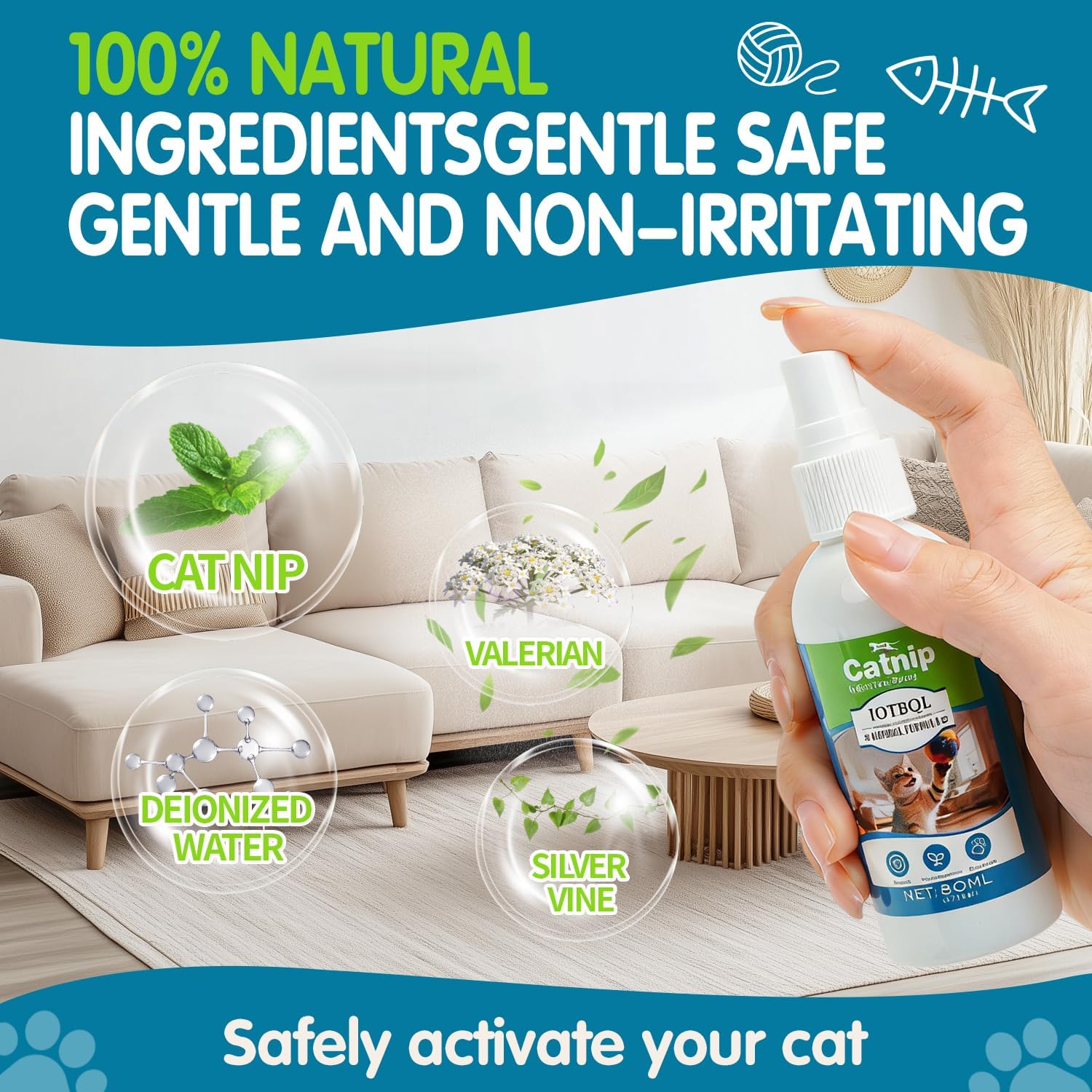 Premium Catnip Spray for Cats – 100% Natural Ingredients, Boosts Energy,Relieves Stress – Renews Toys, Reduces Scratching, Easy-To-Use & Mess-Free 2.71 Fl OZ (Blue-Green, M)