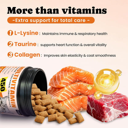 Cat Multivitamin Supplement with L-Lysine and Taurine – 12 Essential Vitamins and 5 Minerals for Immune, Joint, and Skin Support – 450 Chews