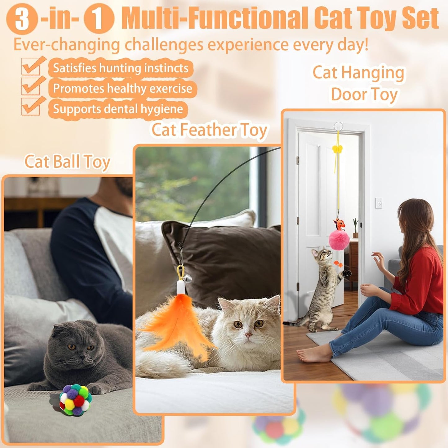 4-in-1 Interactive Cat Toy Set – Wand, Hanging Toys, Balls & Replaceable Feathers for Indoor Play