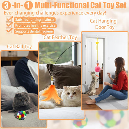 4-in-1 Interactive Cat Toy Set – Wand, Hanging Toys, Balls & Replaceable Feathers for Indoor Play
