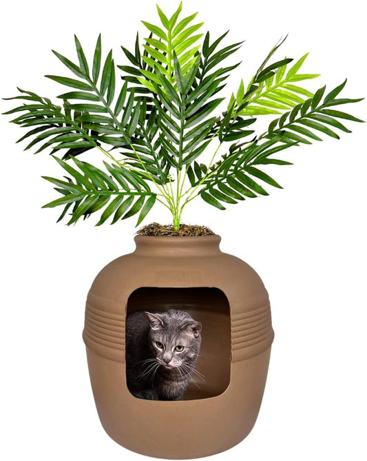 Cat Litter Box Enclosure with Artificial Plant, Decorative Round Planter, Vented Charcoal Filter for Odor Control, Easy to Clean, Made in USA, Base Kit, Brown