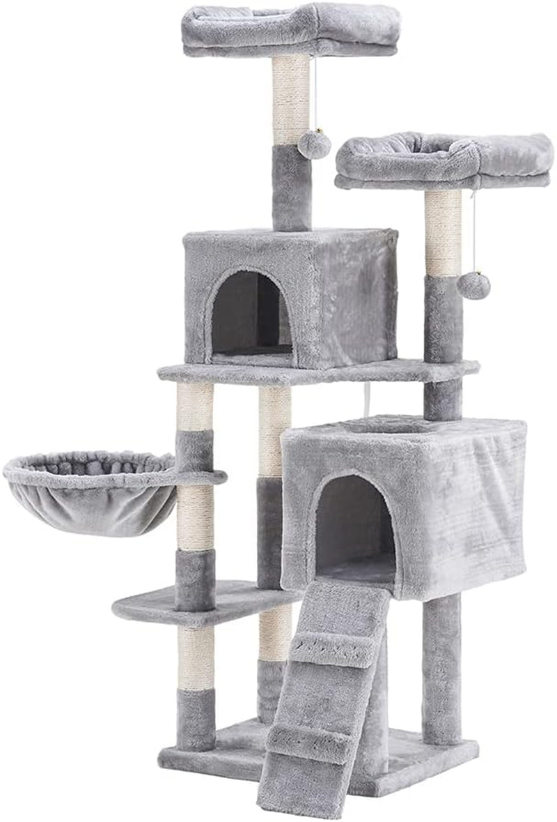 58'' Multi-Level Cat Tree – with Hammock, Plush Condos & Sisal Scratching Posts (Light Gray)