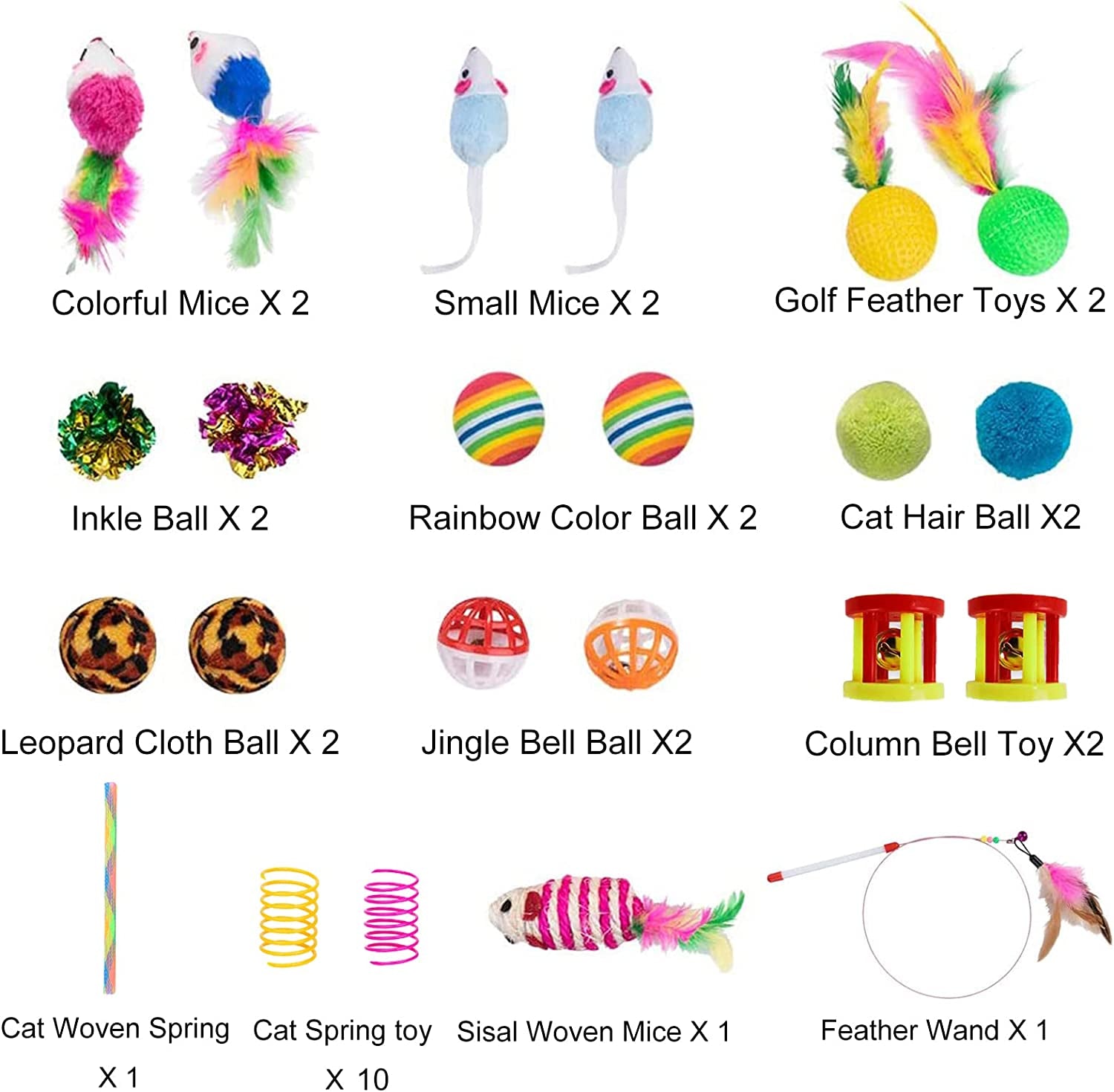 32Pcs Cat Toys Kitten Interactive Pet Toys Assortments, Foldable Rainbow Tunnel, Cat Feather Teaser Wand Interactive Feather Toy Fluffy Mouse Crinkle Balls Bell Play for Kitty (2 Way)