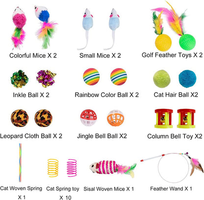 32Pcs Cat Toys Kitten Interactive Pet Toys Assortments, Foldable Rainbow Tunnel, Cat Feather Teaser Wand Interactive Feather Toy Fluffy Mouse Crinkle Balls Bell Play for Kitty (2 Way)