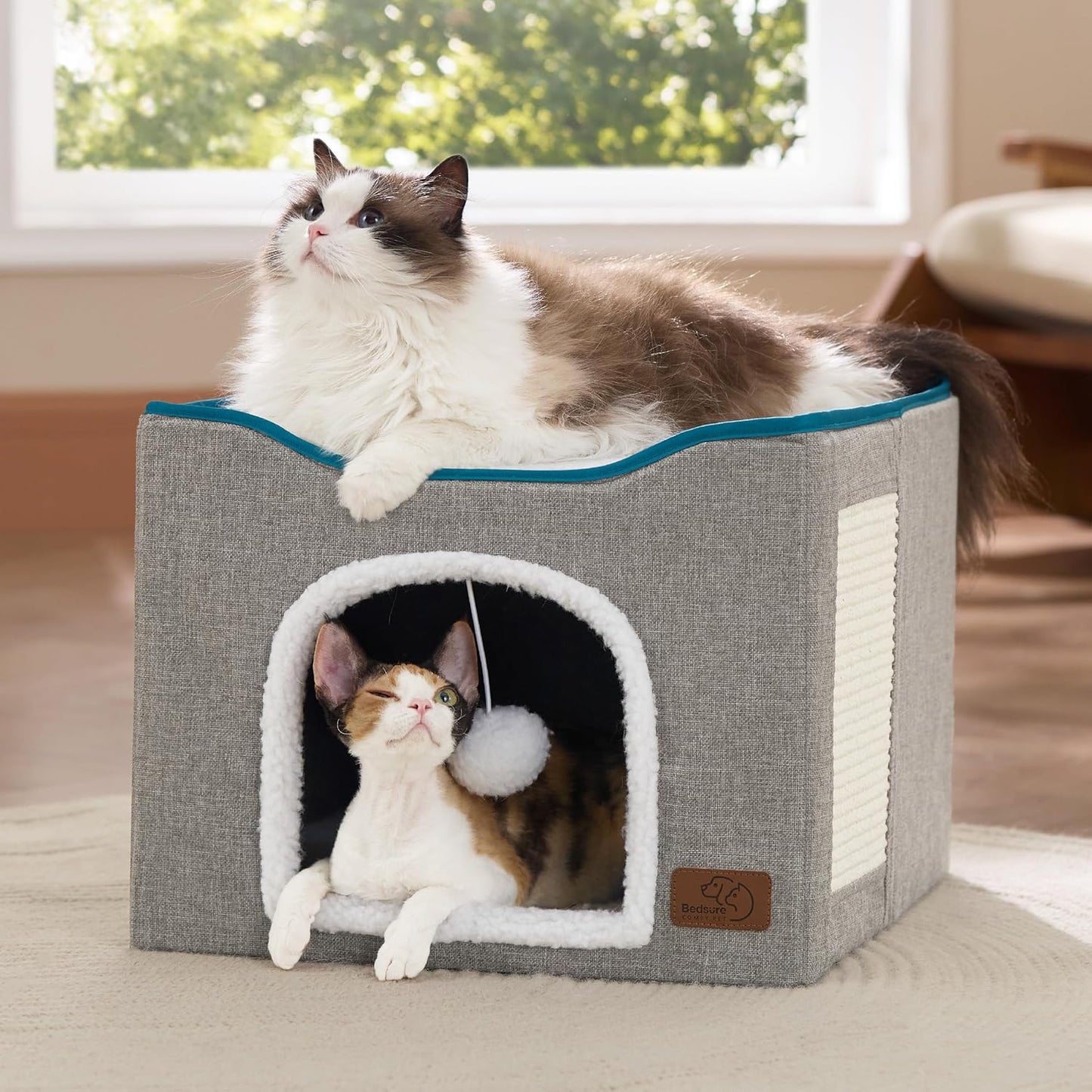 Bedsure Indoor Cat Bed - Spacious Cat Cave with Hanging Fluffy Ball and Scratch Pad, Foldable Hideaway, 16.5 x 16.5 x 13 Inches, Grey