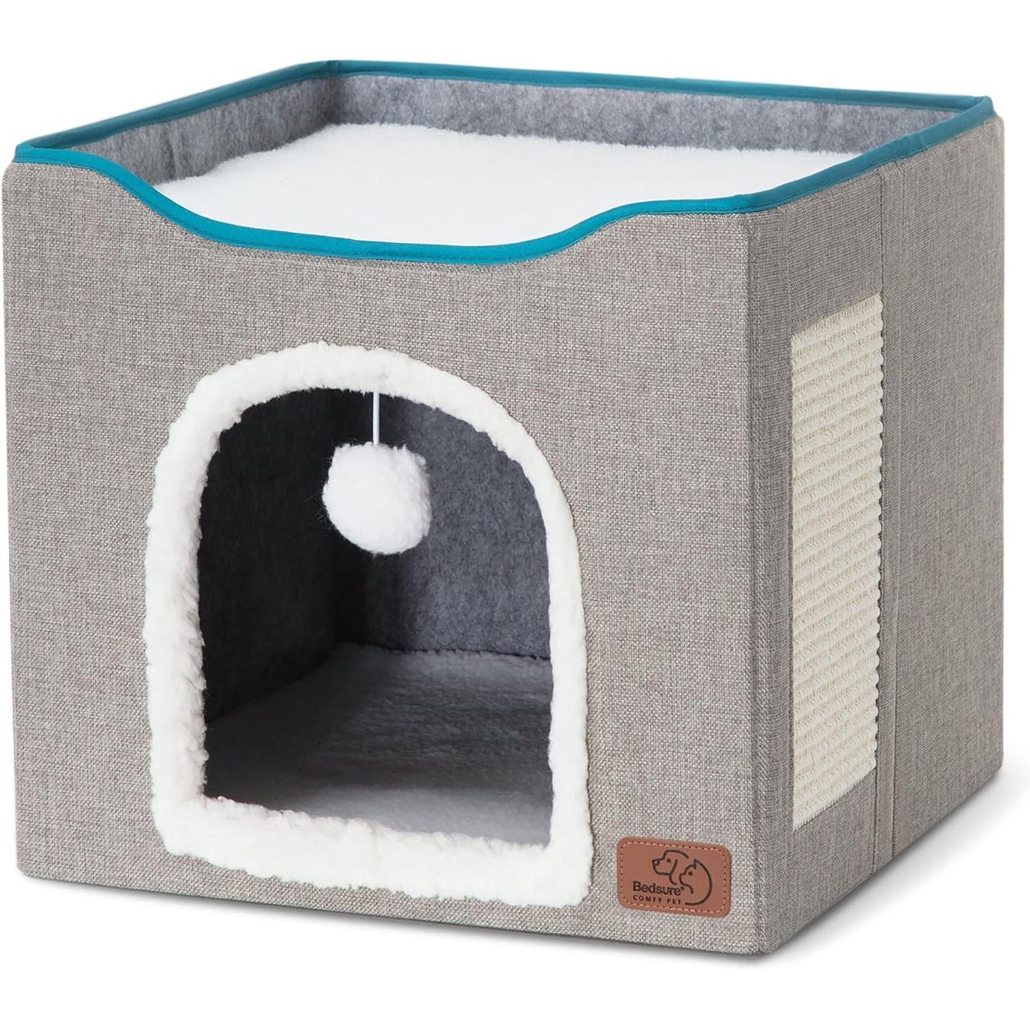 Bedsure Indoor Cat Bed - Spacious Cat Cave with Hanging Fluffy Ball and Scratch Pad, Foldable Hideaway, 16.5 x 16.5 x 13 Inches, Grey