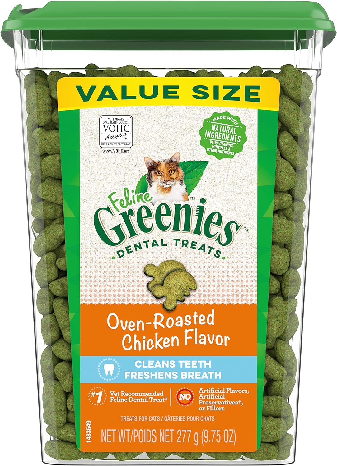 Delicious Greenies Feline Adult Dental Cat Treats - Oven Roasted Chicken Flavor, 9.75 Oz. Tub for Healthy Teeth and Fresh Breath