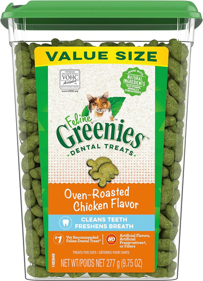 Delicious Greenies Feline Adult Dental Cat Treats - Oven Roasted Chicken Flavor, 9.75 Oz. Tub for Healthy Teeth and Fresh Breath