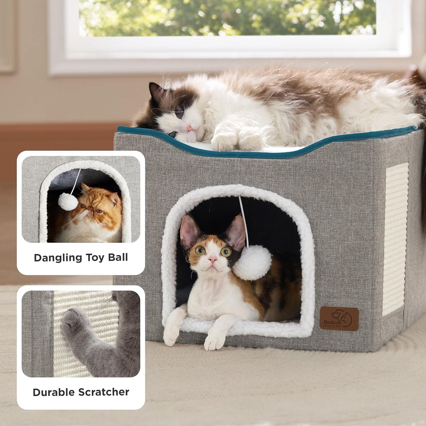 Bedsure Indoor Cat Bed - Spacious Cat Cave with Hanging Fluffy Ball and Scratch Pad, Foldable Hideaway, 16.5 x 16.5 x 13 Inches, Grey
