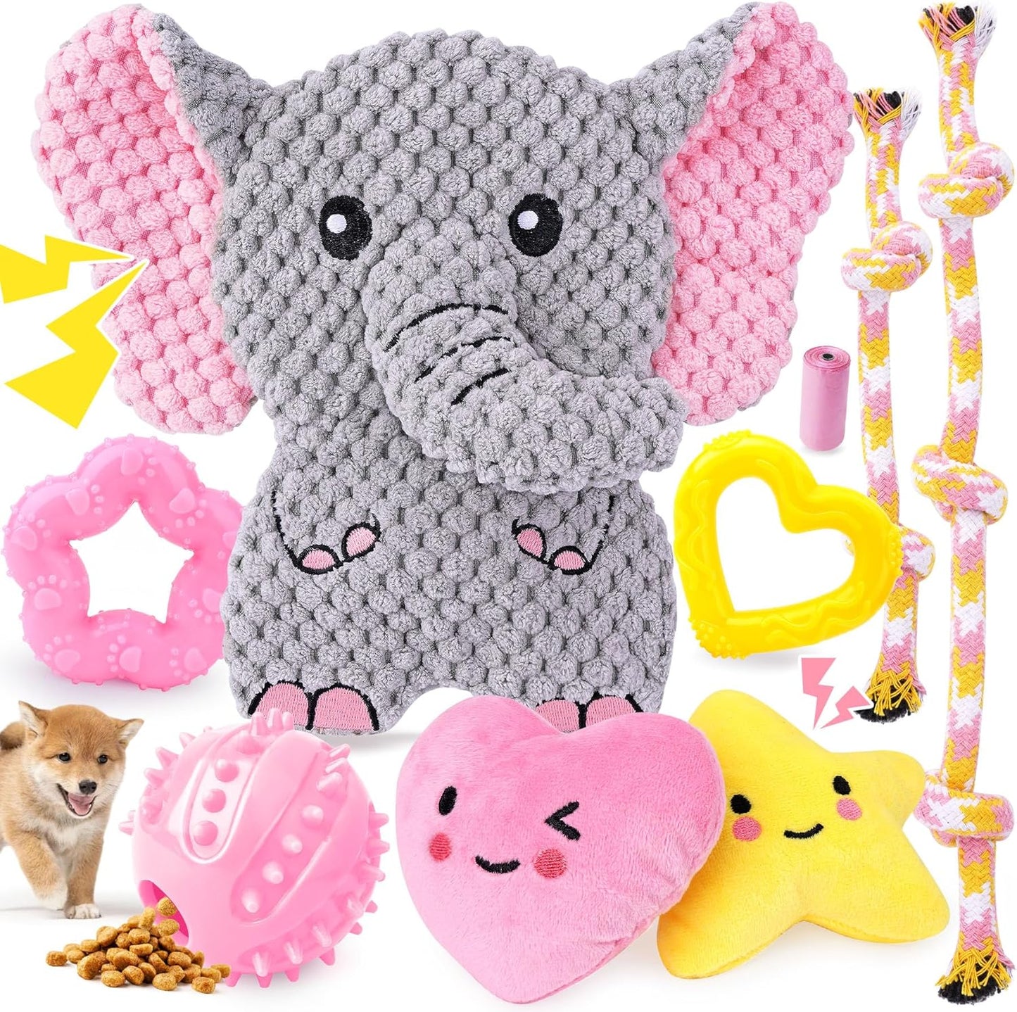 9-Pack Pink Puppy Chew Toys - Enrichment and Teething Solutions for Small Dogs, Includes Squeaky Plush Toy for Engagement and Entertainment