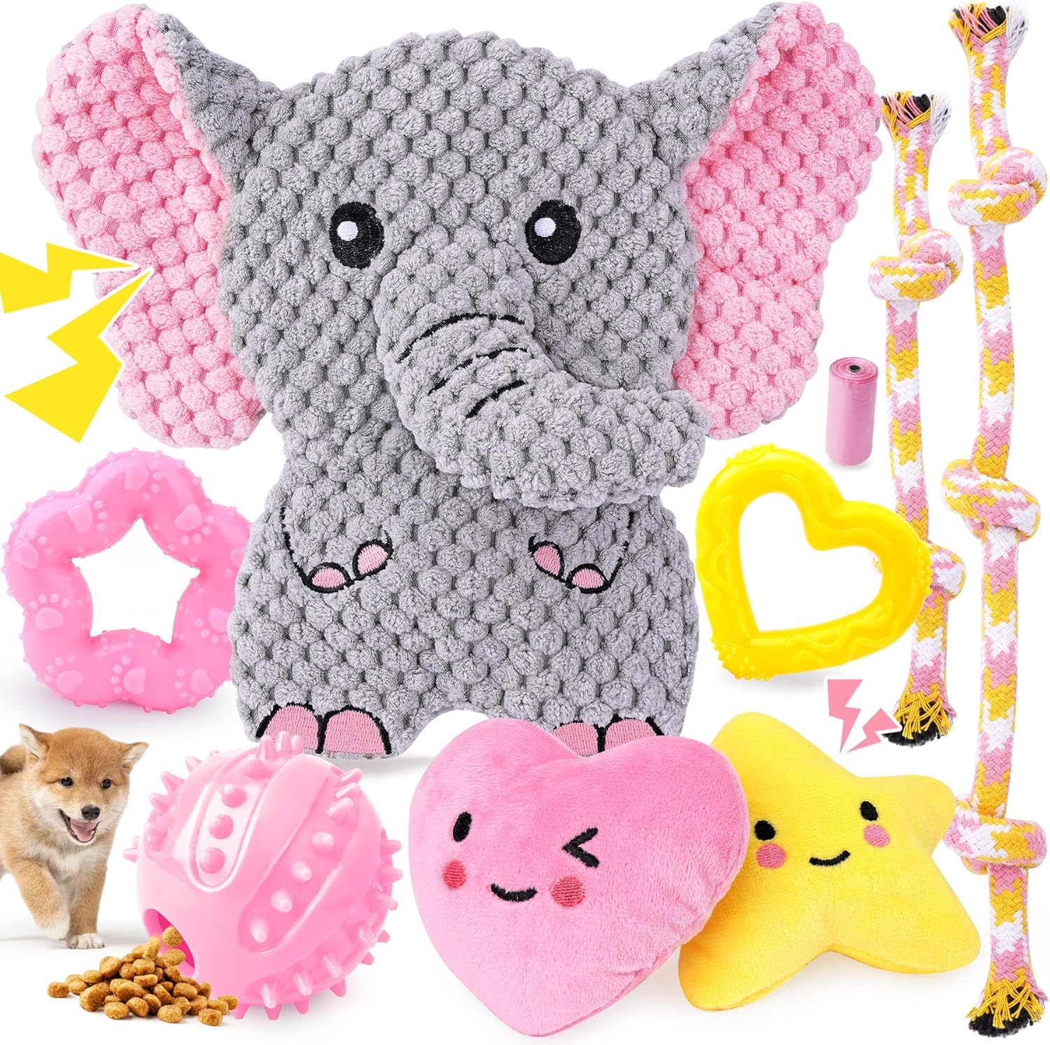 9-Pack Pink Puppy Chew Toys - Enrichment and Teething Solutions for Small Dogs, Includes Squeaky Plush Toy for Engagement and Entertainment