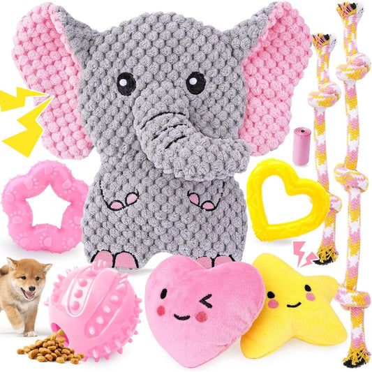 9-Pack Pink Puppy Chew Toys - Enrichment and Teething Solutions for Small Dogs, Includes Squeaky Plush Toy for Engagement and Entertainment