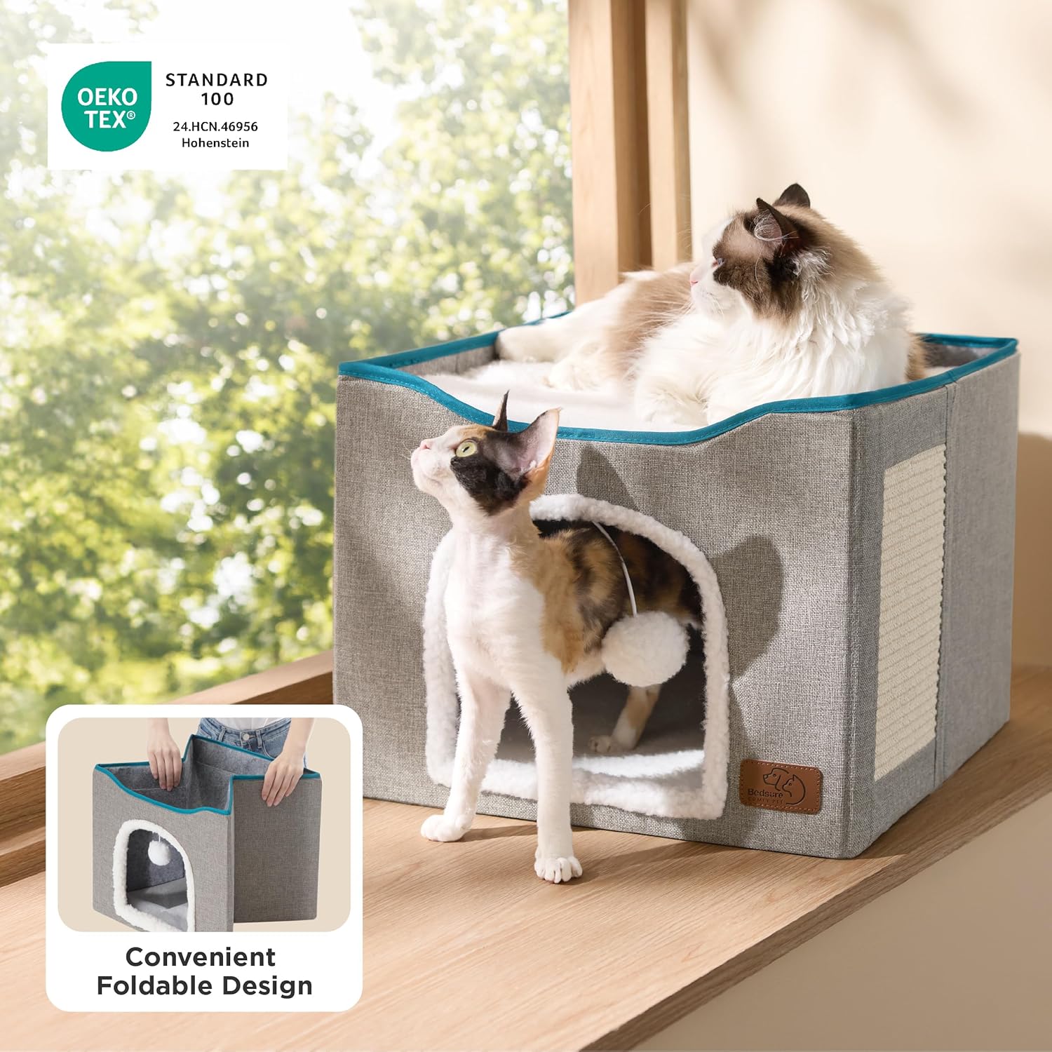 Bedsure Indoor Cat Bed - Spacious Cat Cave with Hanging Fluffy Ball and Scratch Pad, Foldable Hideaway, 16.5 x 16.5 x 13 Inches, Grey