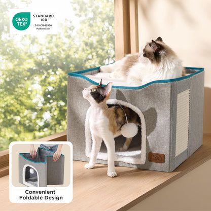 Bedsure Indoor Cat Bed - Spacious Cat Cave with Hanging Fluffy Ball and Scratch Pad, Foldable Hideaway, 16.5 x 16.5 x 13 Inches, Grey