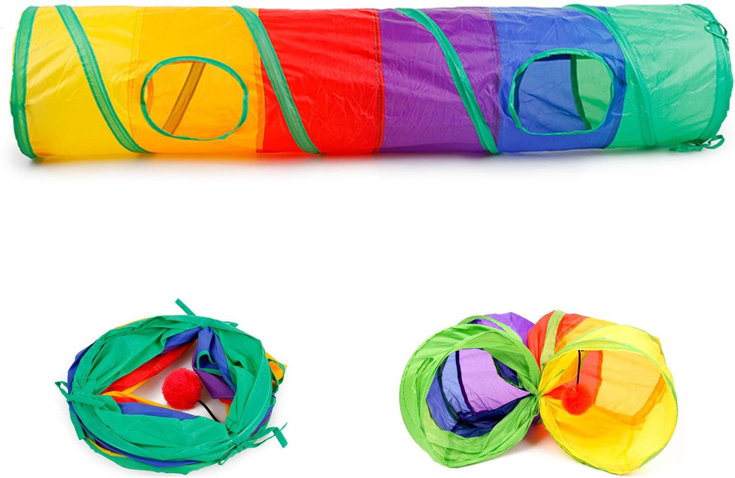 32Pcs Cat Toys Kitten Interactive Pet Toys Assortments, Foldable Rainbow Tunnel, Cat Feather Teaser Wand Interactive Feather Toy Fluffy Mouse Crinkle Balls Bell Play for Kitty (2 Way)