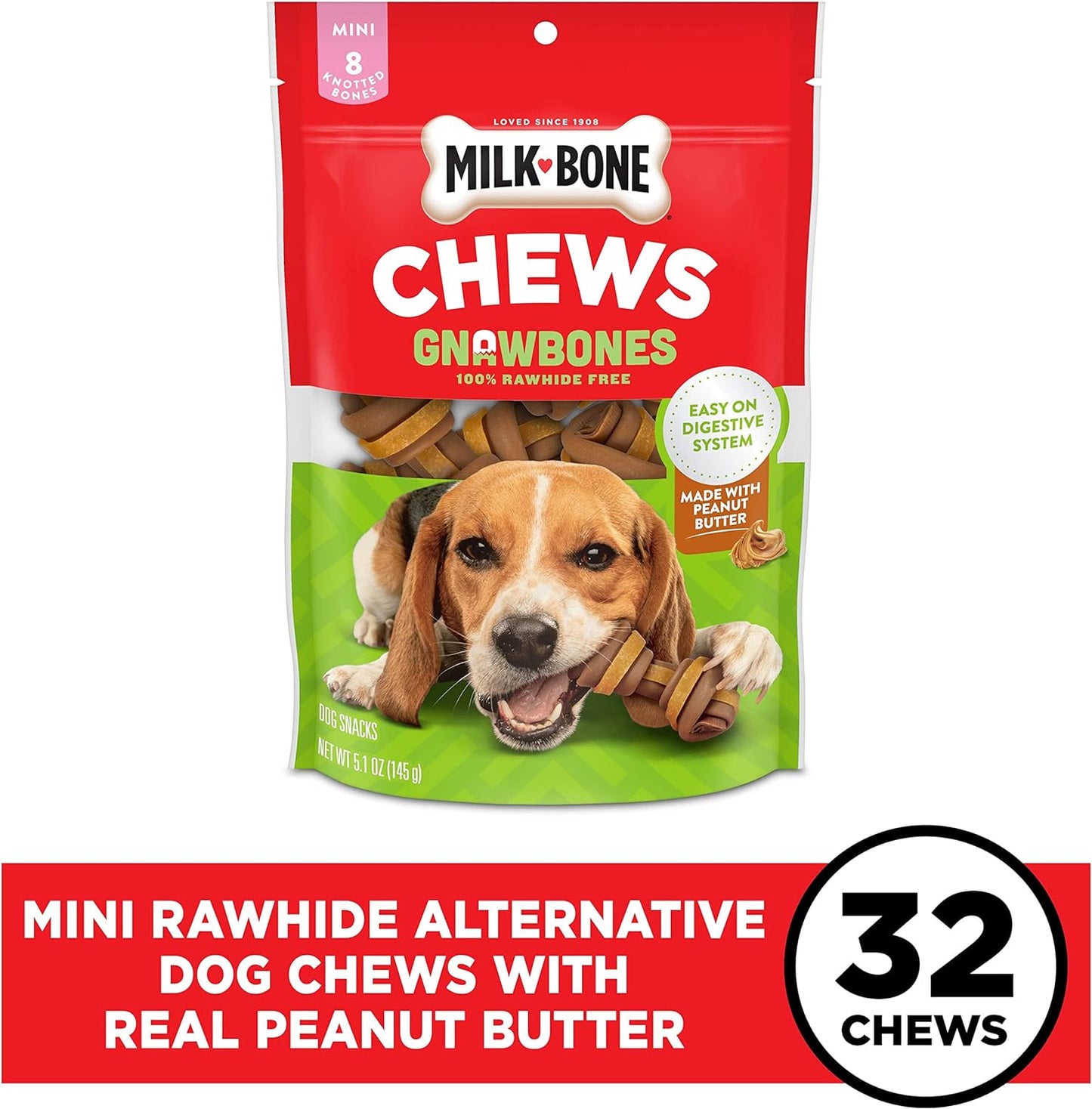 Chews Gnawbones Rawhide Free Dog Treats, Peanut Butter & Chicken, 8 Long Lasting Mini Knotted Bones (Pack of 4)