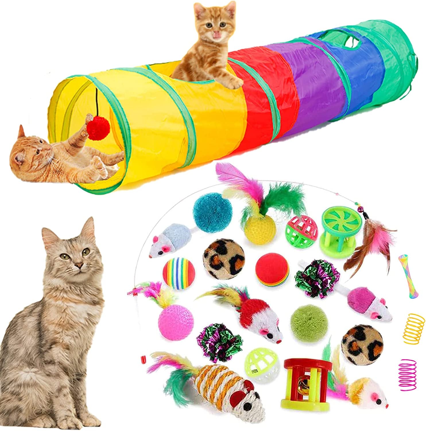 32Pcs Cat Toys Kitten Interactive Pet Toys Assortments, Foldable Rainbow Tunnel, Cat Feather Teaser Wand Interactive Feather Toy Fluffy Mouse Crinkle Balls Bell Play for Kitty (2 Way)