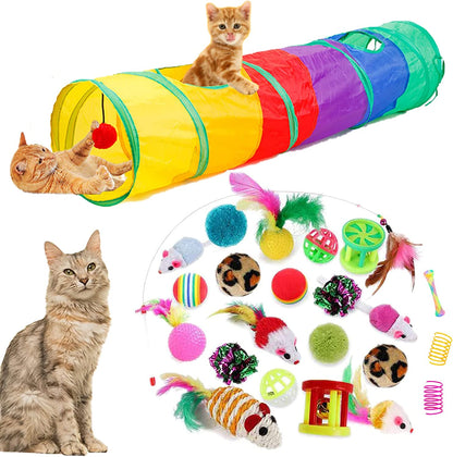 32Pcs Cat Toys Kitten Interactive Pet Toys Assortments, Foldable Rainbow Tunnel, Cat Feather Teaser Wand Interactive Feather Toy Fluffy Mouse Crinkle Balls Bell Play for Kitty (2 Way)
