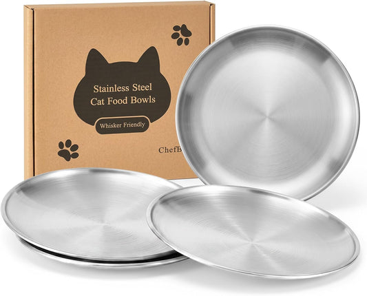 Chefbee Set of 4 Shallow 6.7-Inch Stainless Steel Cat Bowls, Whisker-Friendly Design