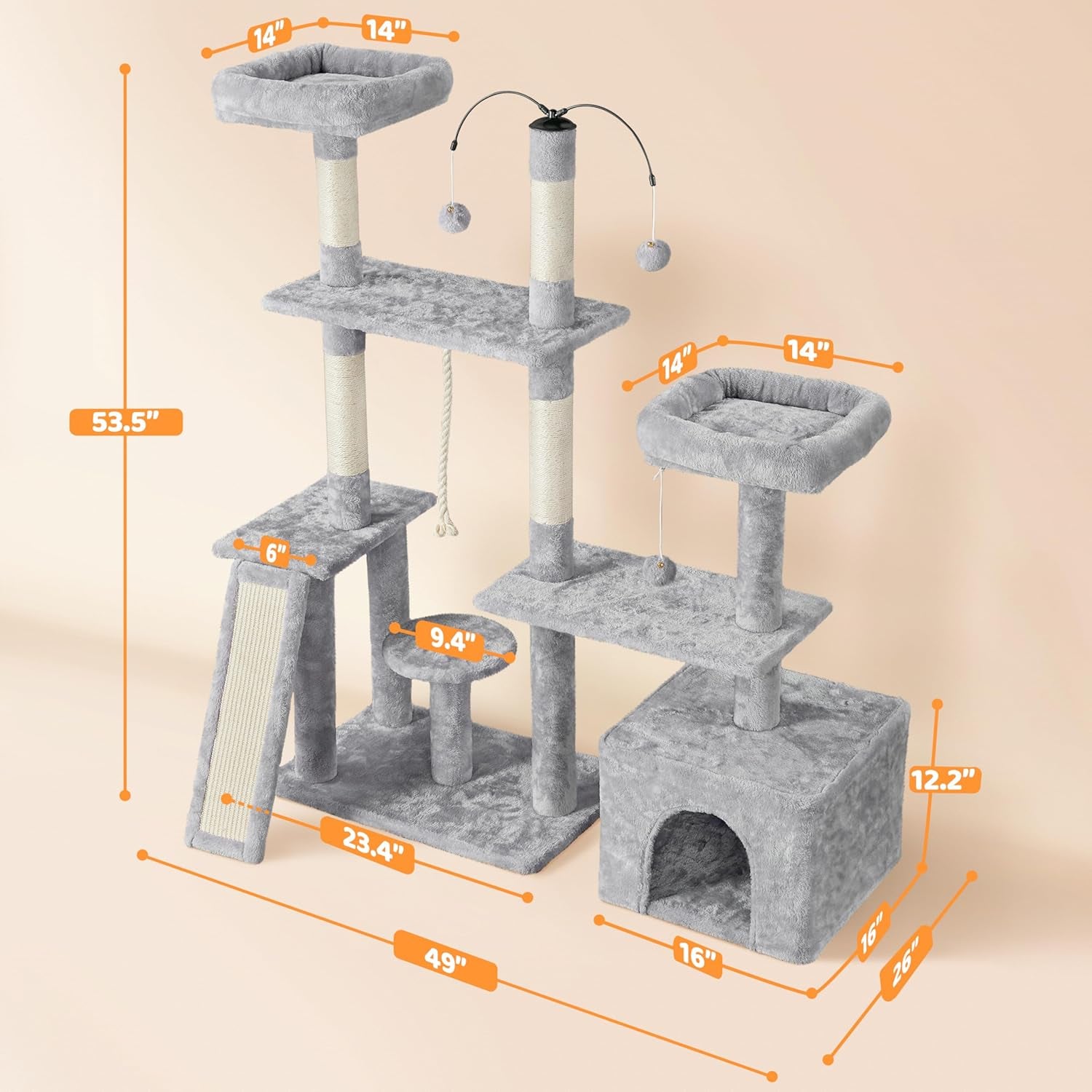 53.5'' Rotatable Cat Tree – Multi-Level Tower with Scratching Posts & Cozy Hideout (Light Gray)
