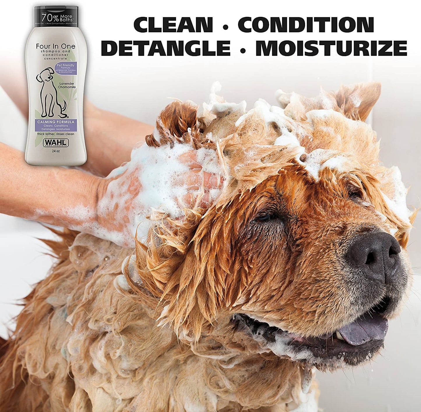 Wahl USA 4-In-1 Calming Dog Shampoo with Lavender Chamomile Scent – Cleans, Conditions, Detangles, & Moisturizes - Pet Friendly Formula - 24 Oz - Model 820000A