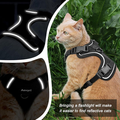 Adjustable Cat Harness and Leash for Walking, Breathable Anti-Escape Design with Reflective Strips, Black, Medium