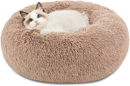 Calming Cat Bed – 20'' Round Plush Bed for Indoor Cats up to 15 lbs (Camel)