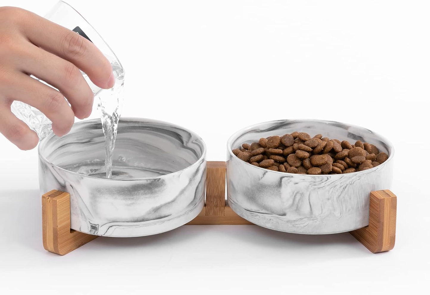Marble Ceramic Pet Bowl Set – 2 Elevated Food & Water Bowls with Wooden Stand (1¾ Cups, Black)