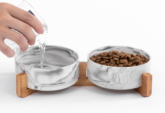 Marble Ceramic Pet Bowl Set – 2 Elevated Food & Water Bowls with Wooden Stand (1¾ Cups, Black)