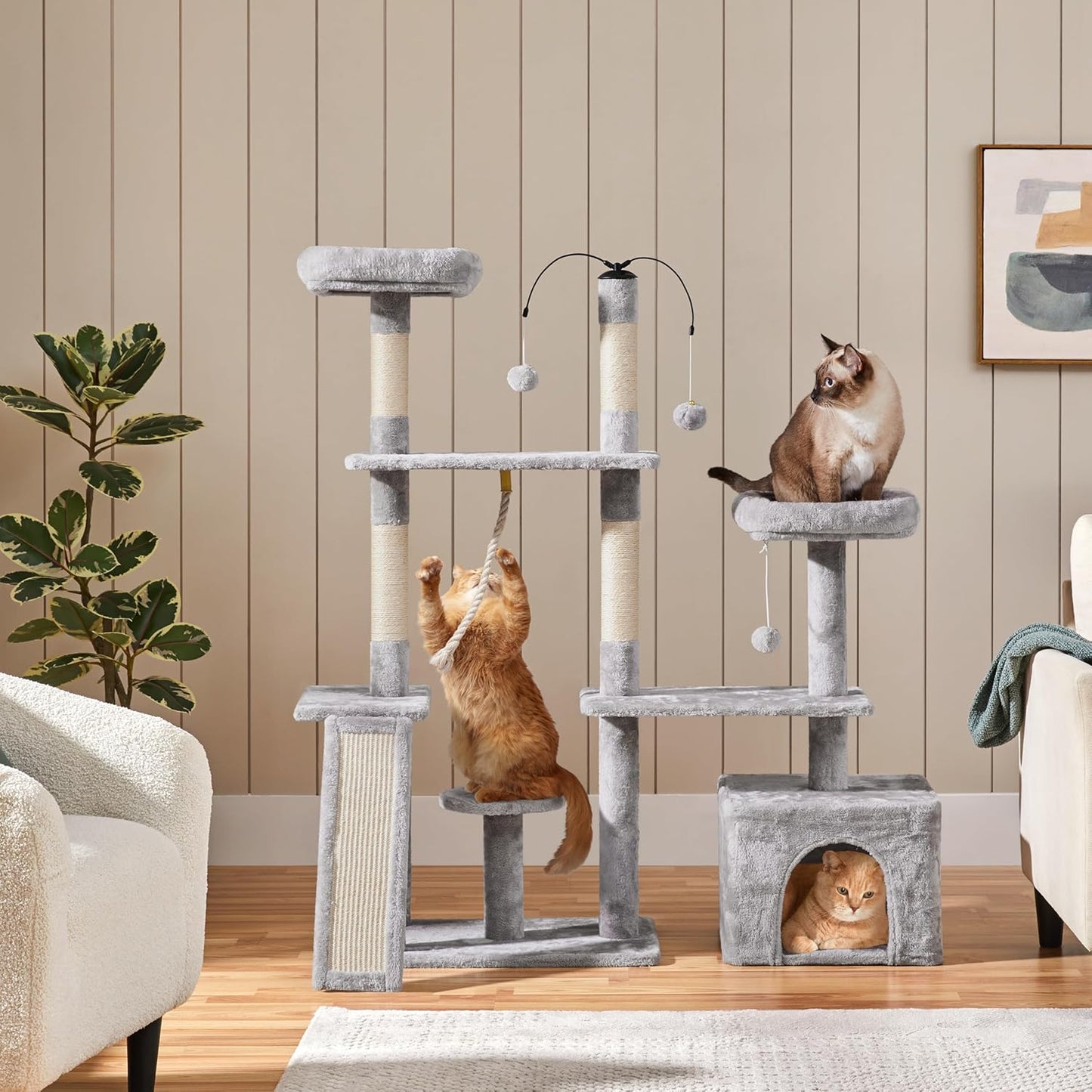 53.5'' Rotatable Cat Tree – Multi-Level Tower with Scratching Posts & Cozy Hideout (Light Gray)